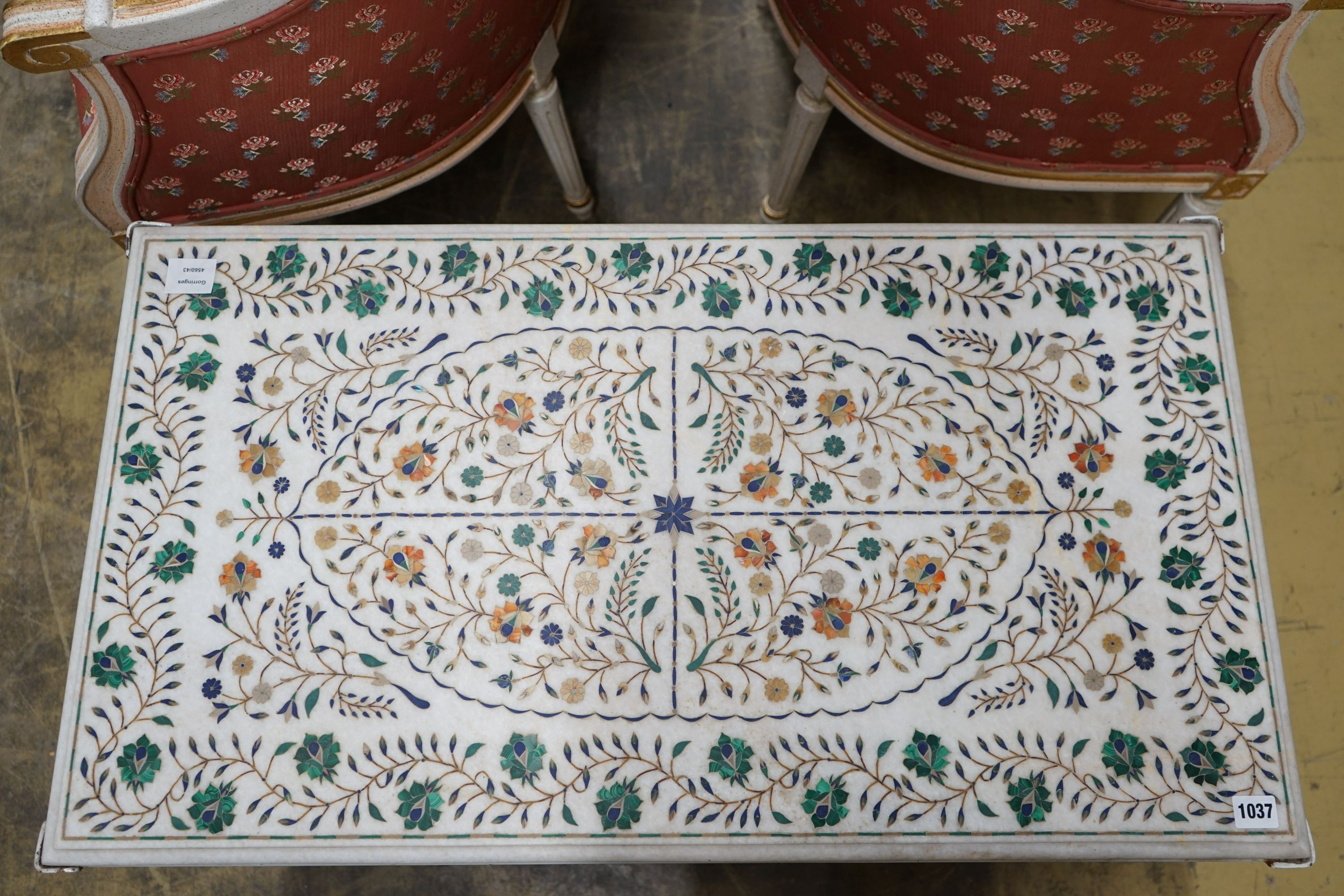 An Indian pietra dura rectangular inlaid marble topped occasional table, length 92cm, depth 50cm, height 48cm
